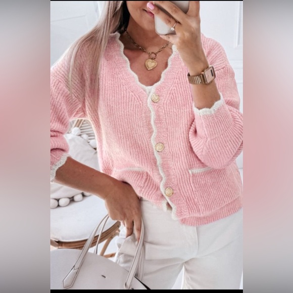 Kaylee- pink ribbed knit scalloped edge sweater cardigan - Picture 3 of 5